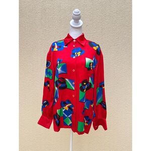 Escada by Margaretha Ley vintage silk red hats long sleeve button down blouse